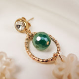 A close-up of a gold earring featuring a small clear stone, a textured circular gold loop, a faceted green bead, and an off-white decorative charm, blending modern charm with timeless elegance against a soft, white background.