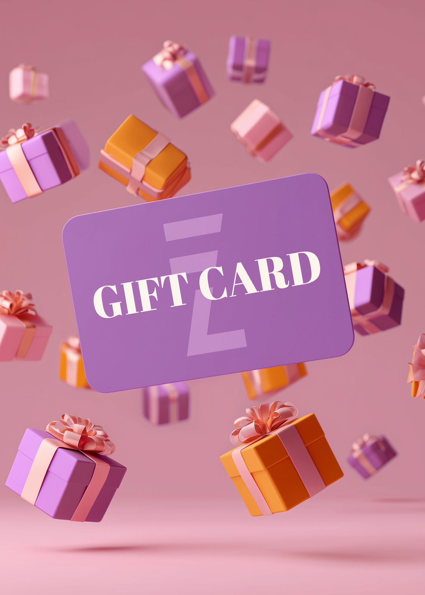 A large purple Doruzova Gift Card with white text reading GIFT CARD is surrounded by floating wrapped presents in pink, purple, and orange, set against a pink background.